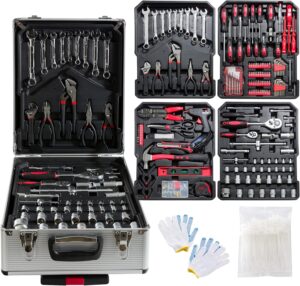 ⚒️ Bau & Montage – Arebos Aluminium Tool Box Filled | Tool Set 1200 Pieces | Trolley Case Carry Case | Tool Bag for Household, Garage & Workshop | Tool Box with 4 Compartments & Telescopic Handle | Silver