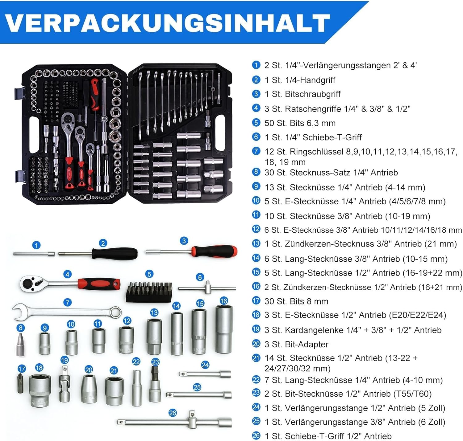 🚗 KFZ & Werkstatt – Tool Box Filled 216 Pieces, Tool Set Fully Equipped for DIY & Car, Tool Box Toolbox, Universal Tools, Stainless Steel Tool Sets for Workshop and Home in Black – Bild 2
