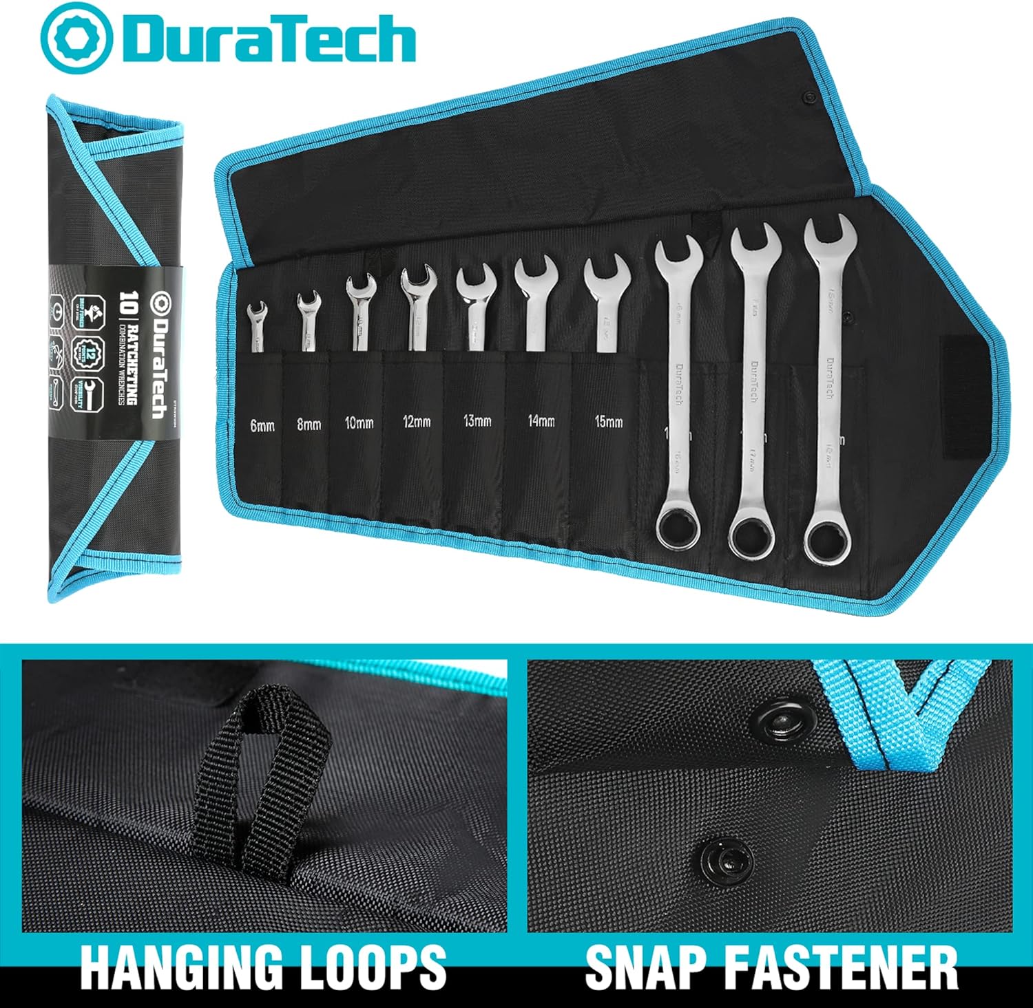 🚗 KFZ & Werkstatt – DURATECH Ratchet Wrench Set, 10 Pieces, 6-18 mm, Open-End Spanner Ring Set, with 72 Teeth, 5° Swivel Range, Chrome Vanadium Steel, Includes Roll Bag – Bild 6