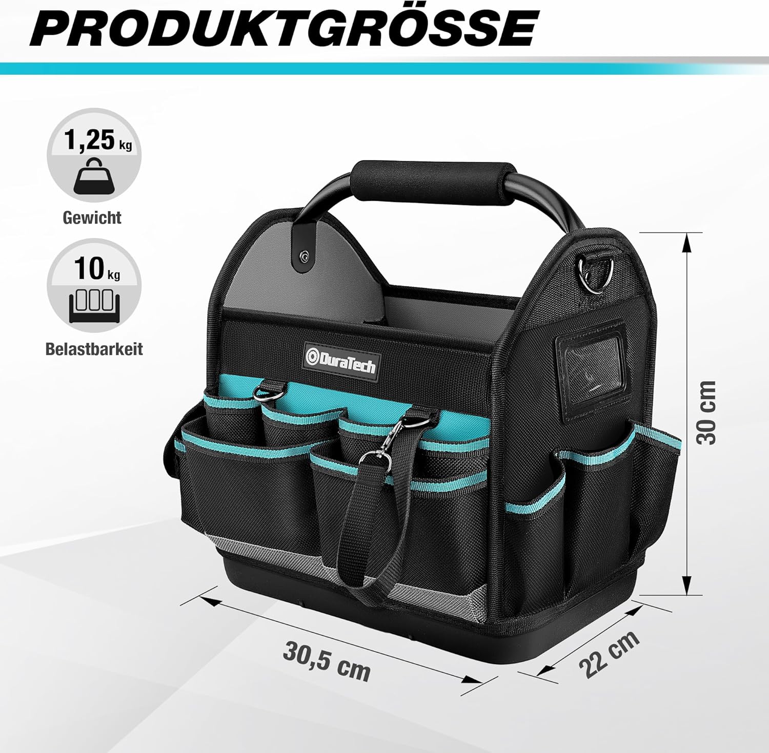 ⚡ Elektro & Technik – DURATECH Profi-Werkzeugtasche Elektriker, robuste Werkzeugtasche 30,5 cm mit wasserdichtem Boden und großer Öffnung, aus 900D-Polyester, großes Fassungsvermögen, mit Stahlrohr und verstellbarem Schultergurt – Bild 3