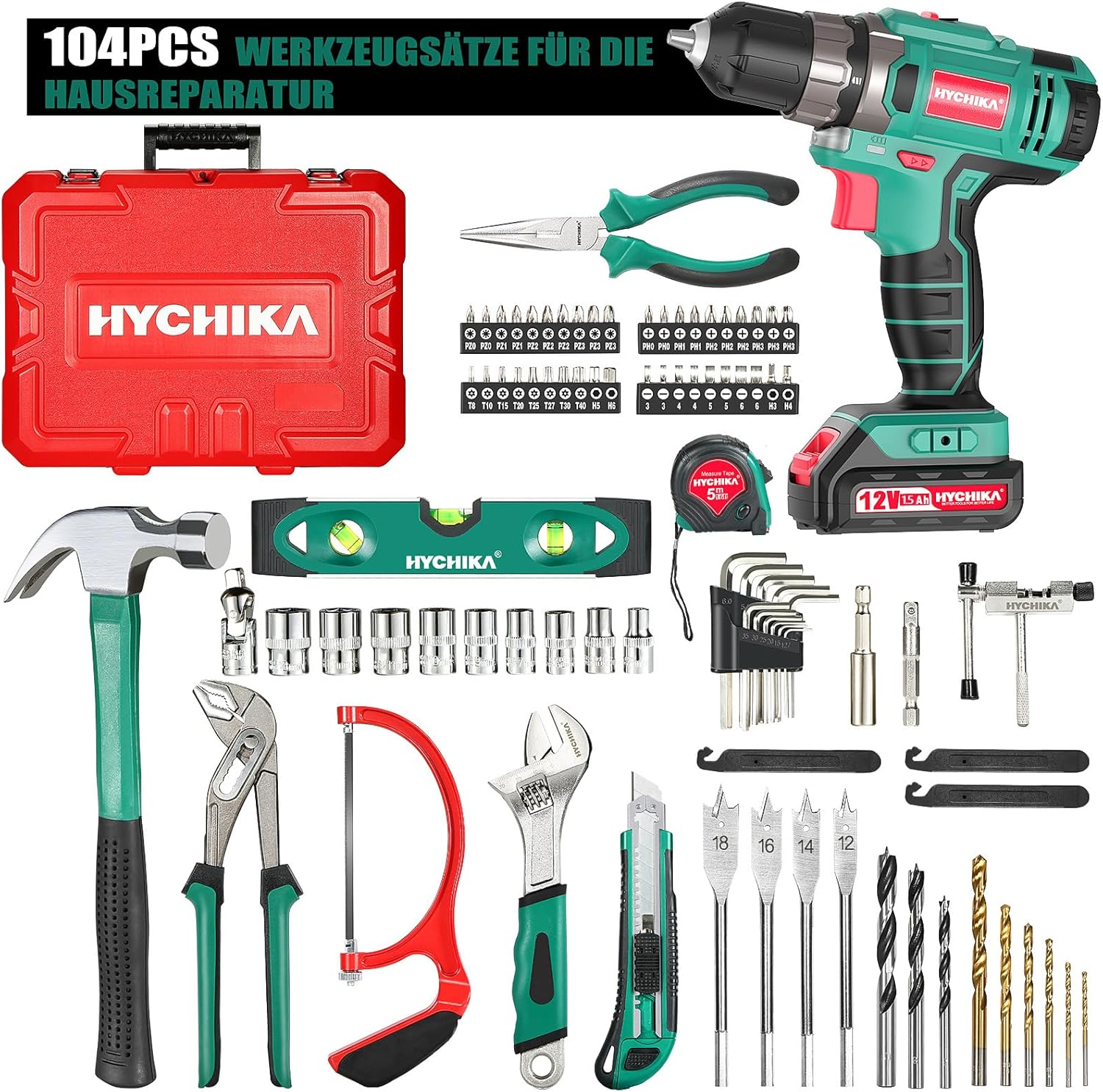 🔥 Angebote & Aktionen – HYCHIKA DIY Tool Box Filled Professional with Battery Drill 30 Nm + 104 Pieces High-Quality Household Universal Tool Set + Practical Tool Box Packaging for Repairs and Maintenance – Bild 7