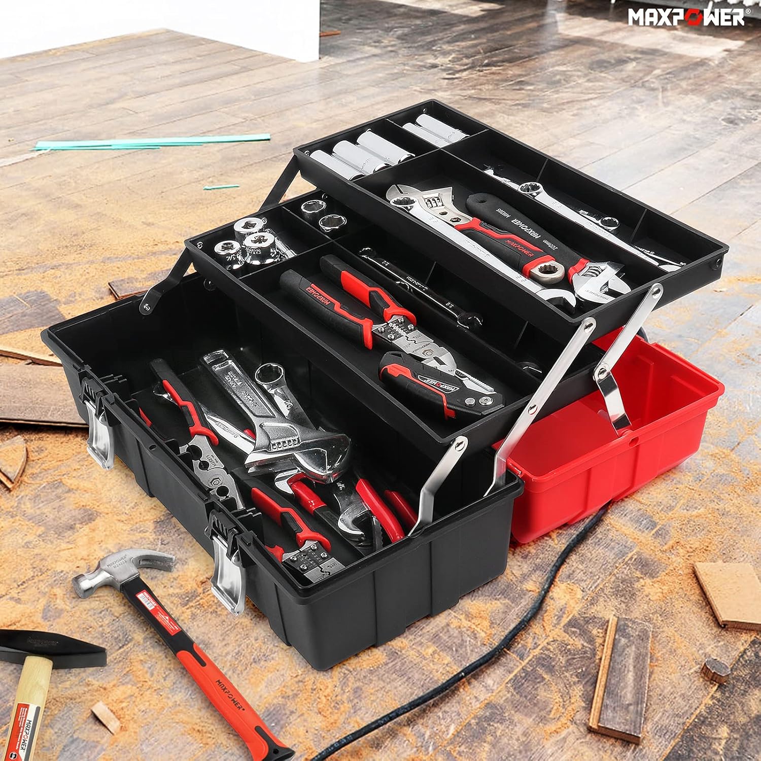 ⚒️ Bau & Montage – MAXPOWER Werkzeugkoffer leer, großer Werkzeugkasten mit 3 Schubladen, Werkzeugkasten 42 x 18 x 17 cm mit Metallverschluss, Werkzeugkasten aus schlagfestem Kunststoff für Hobby, Heimwerker – Bild 7