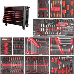 ⚒️ Bau & Montage – Mephisto Pro-Line BIG Werkzeugwagen, Werkstattwagen, gefüllt mit 12 Schubladen, davon 11 inklusive Werkzeug wie VDE-Schraubendreher, Ratsche mit Nussbox, Schraubendrehersatz in Soft-Einlagen im Carbon-Lock