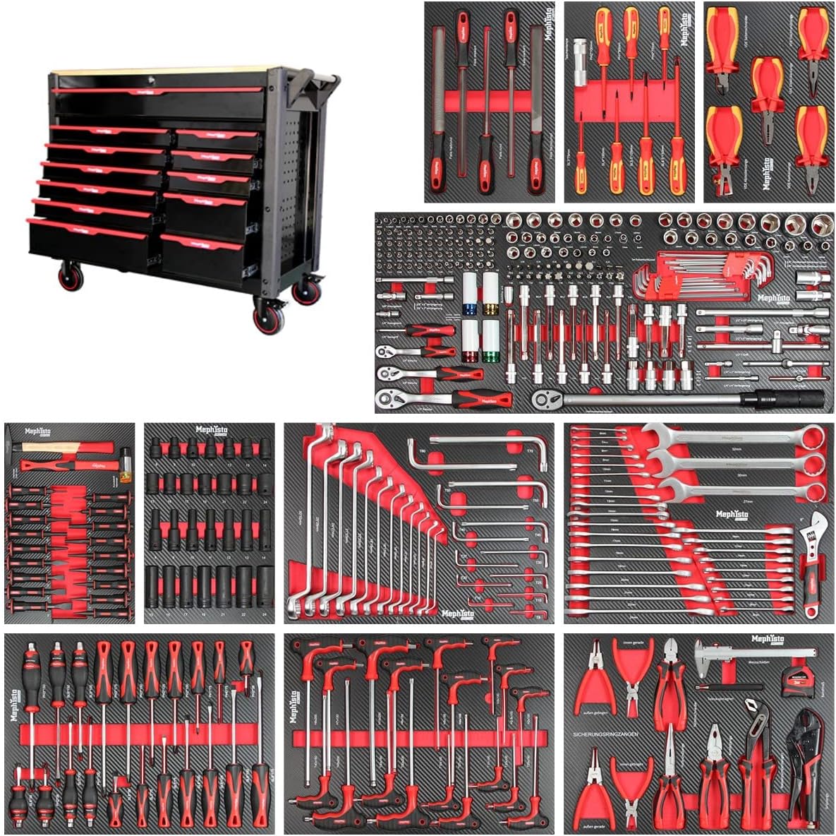 ⚒️ Bau & Montage – Mephisto Pro-Line BIG Werkzeugwagen, Werkstattwagen, gefüllt mit 12 Schubladen, davon 11 inklusive Werkzeug wie VDE-Schraubendreher, Ratsche mit Nussbox, Schraubendrehersatz in Soft-Einlagen im Carbon-Lock