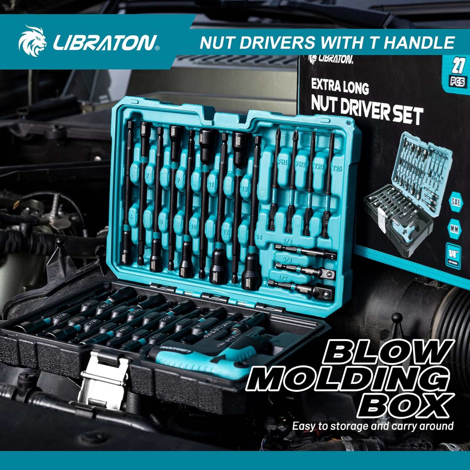 🚗 KFZ & Werkstatt – LIBRATON 27-Piece Magnetic Socket Long Set 1/4 Inch with Ratchet T-Handle, Metric and SAE Long Socket Wrench, Hex Socket, Socket Adapter Wing Nut Screwdriver, Bit Holder – Bild 8