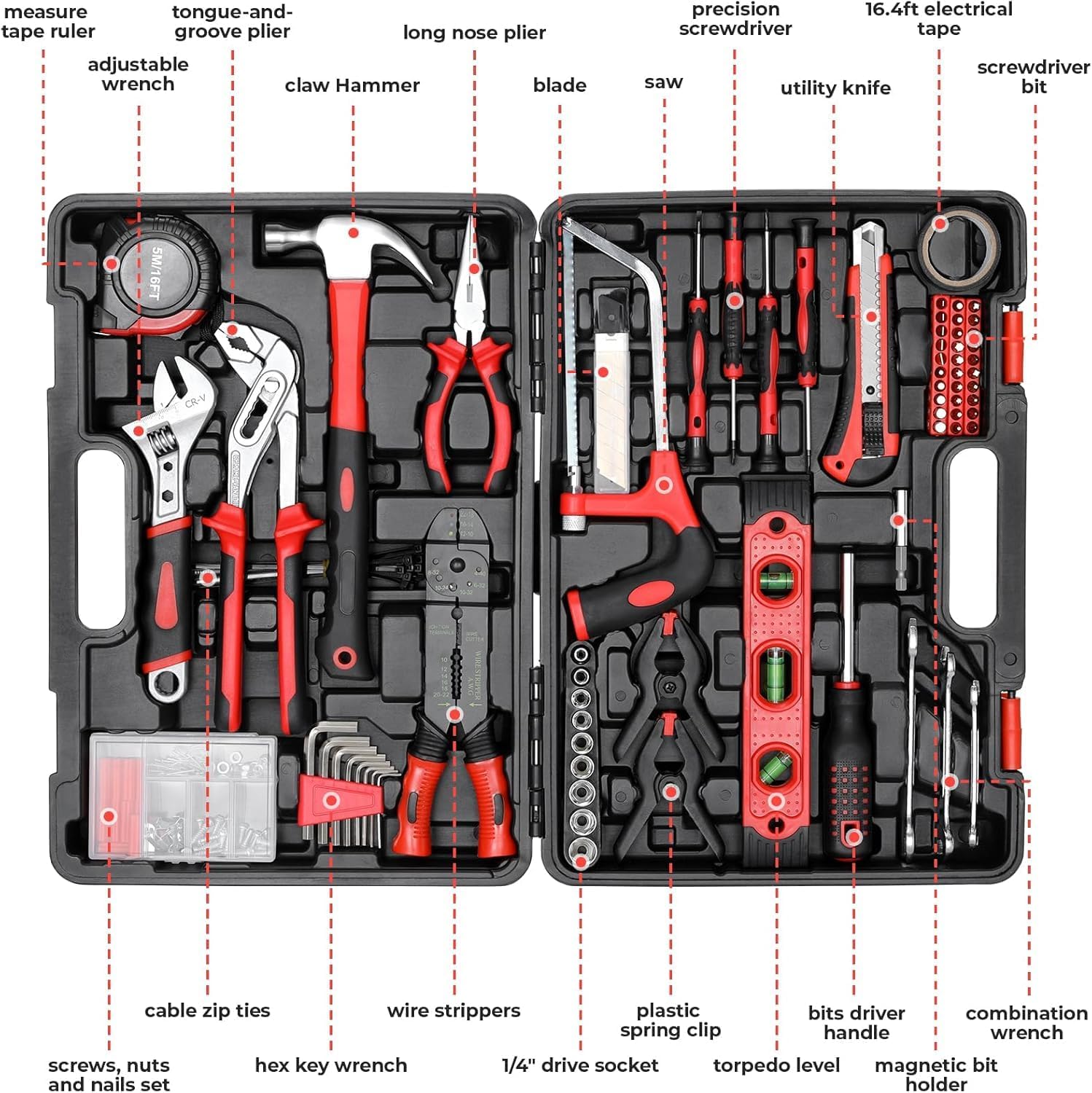 🔥 Angebote & Aktionen – TLGREEN 218 Piece Tool Box Tool Set with Screwdriver, Hex Sockets, Hammer, Pliers, Tool Box Filled Tool for Household, DIY, Cars, Garage – Bild 3