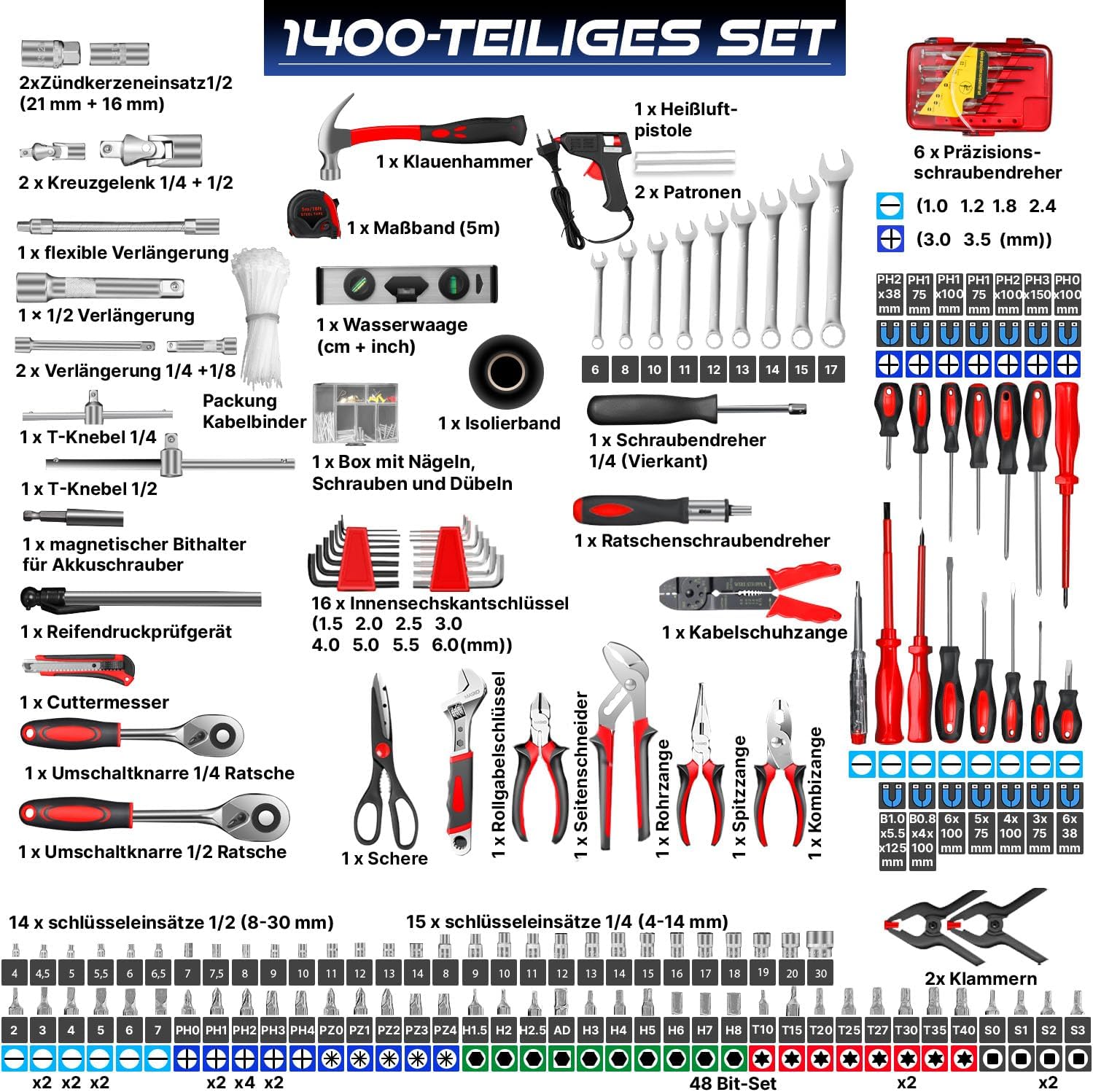 🔥 Angebote & Aktionen – MASKO Tool Box 1400 Pieces Filled | Tool Set in Aluminium Case | Tool Box with Wheels | Tool Box Household, Home, Hobby, Car | Trolley Function | Tool Trolley Hand Tool – Bild 3