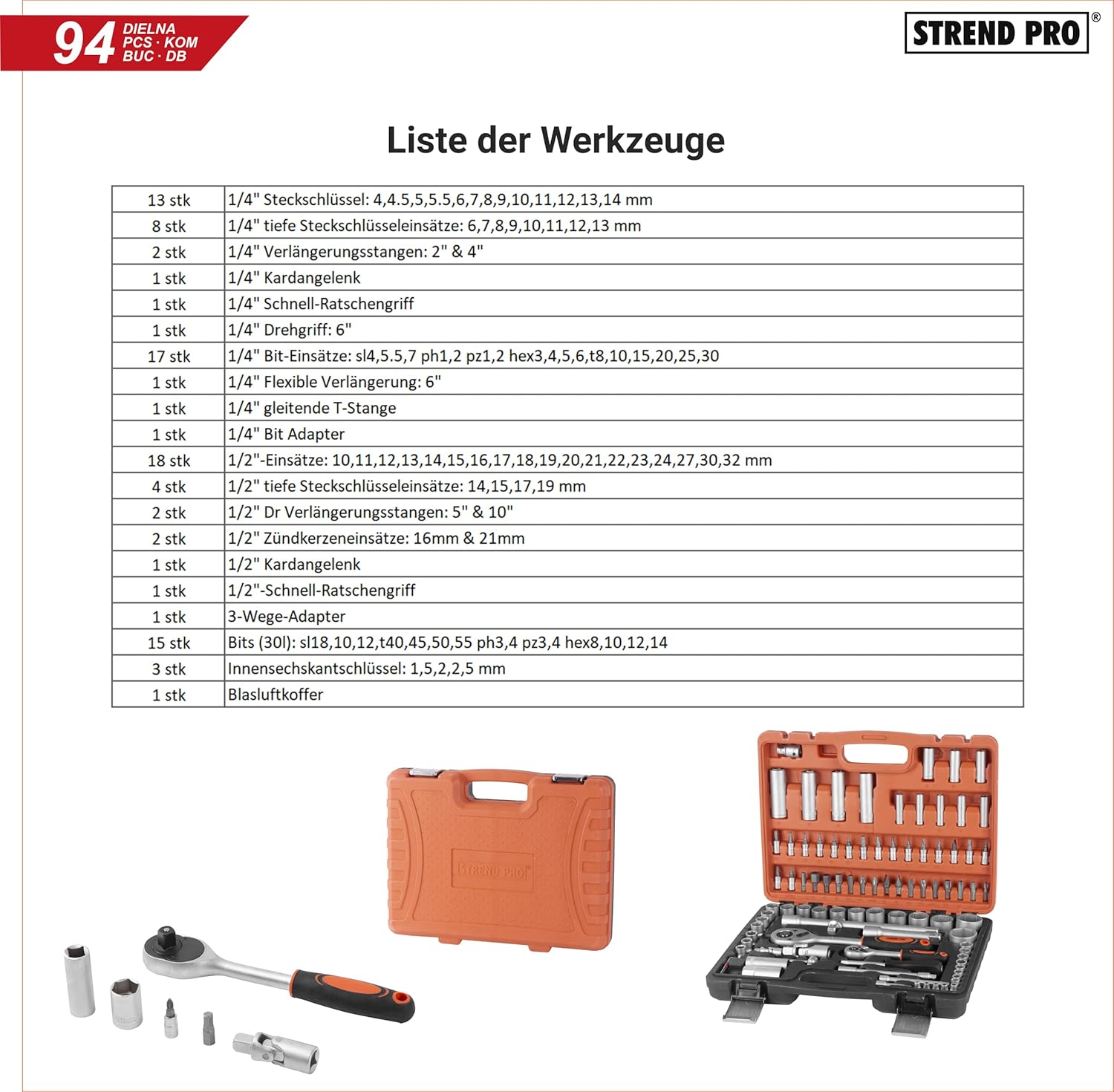 🚗 KFZ & Werkstatt – STREND PRO Car Tool Box Filled 94-Piece Tool Box - Nut Box with Ratchet, Socket Wrench Set, Bit Set, 3 x Allen Keys, Universal Car Tool Set - Car Tool Set – Bild 8