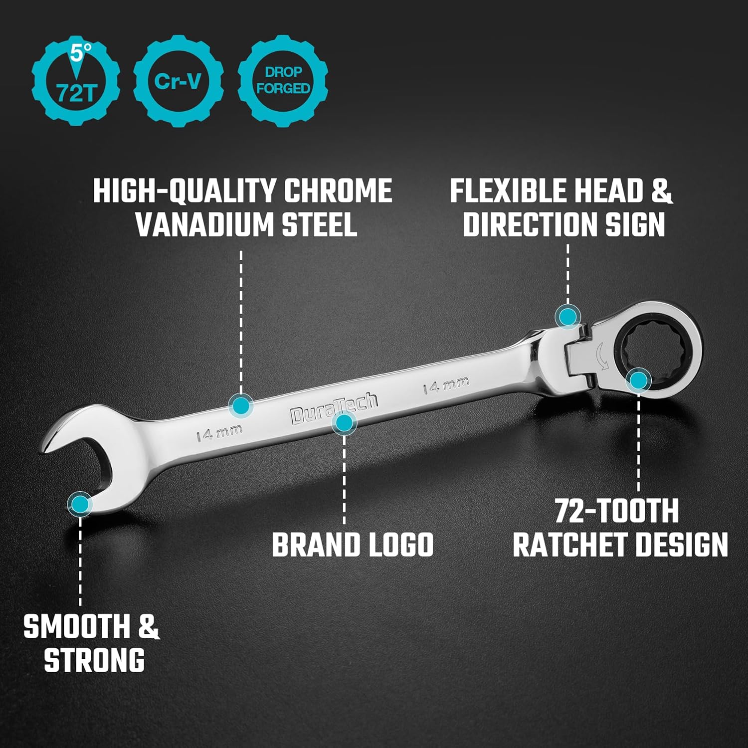 🚗 KFZ & Werkstatt – DURATECH 12-Piece Joint Ratchet Wrench Set, Open-End Spanner Combination Spanner Set with 72 Teeth, Metric, 8-19 mm, Cr-V Steel, Organised in Storage Case – Bild 2