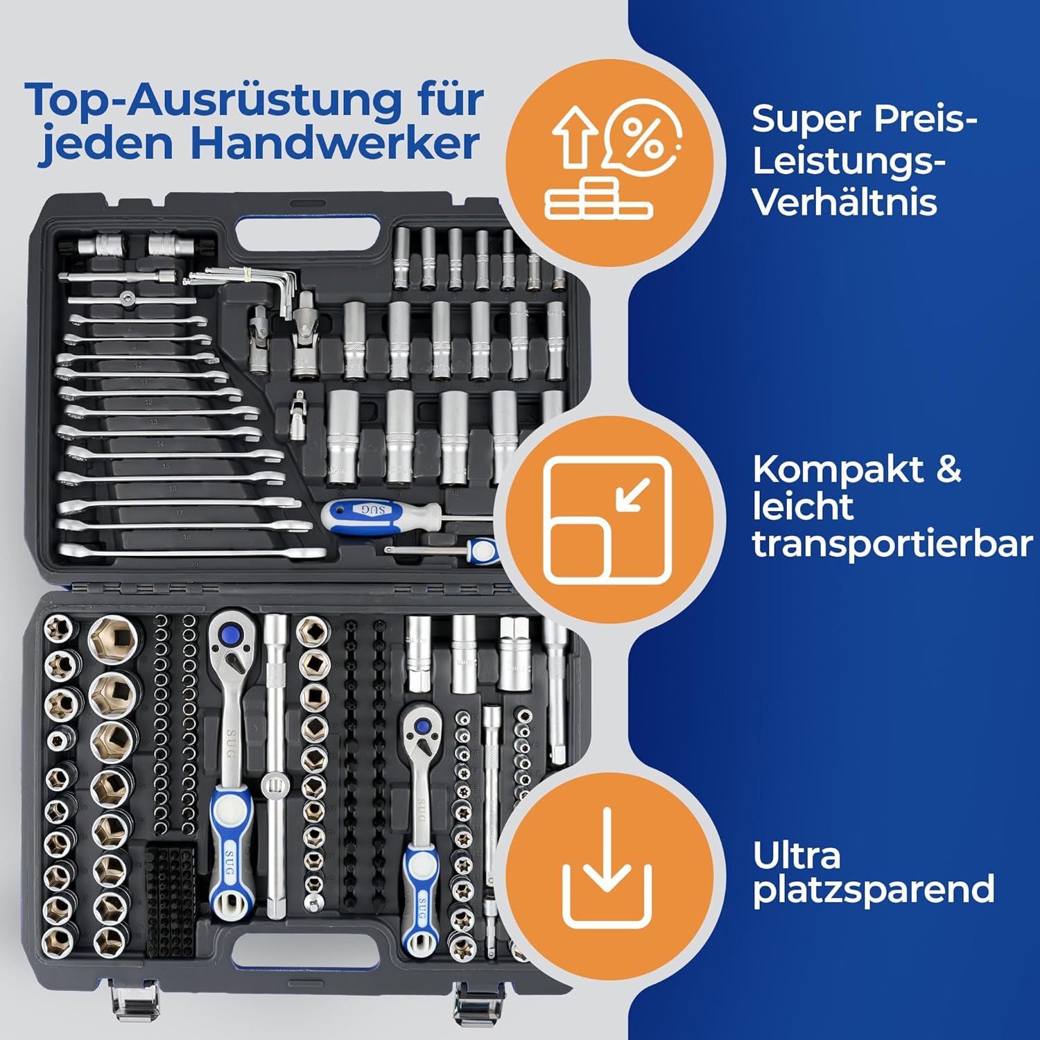 🚗 KFZ & Werkstatt – SUG - Tool Box Filled 216 Pieces - Professional Socket Set 1/2, 1/4, 3/8 Fully Equipped - Tool Box / Ratchet Box for Household and Workshop - Socket Set Nut Box Short and Long – Bild 6