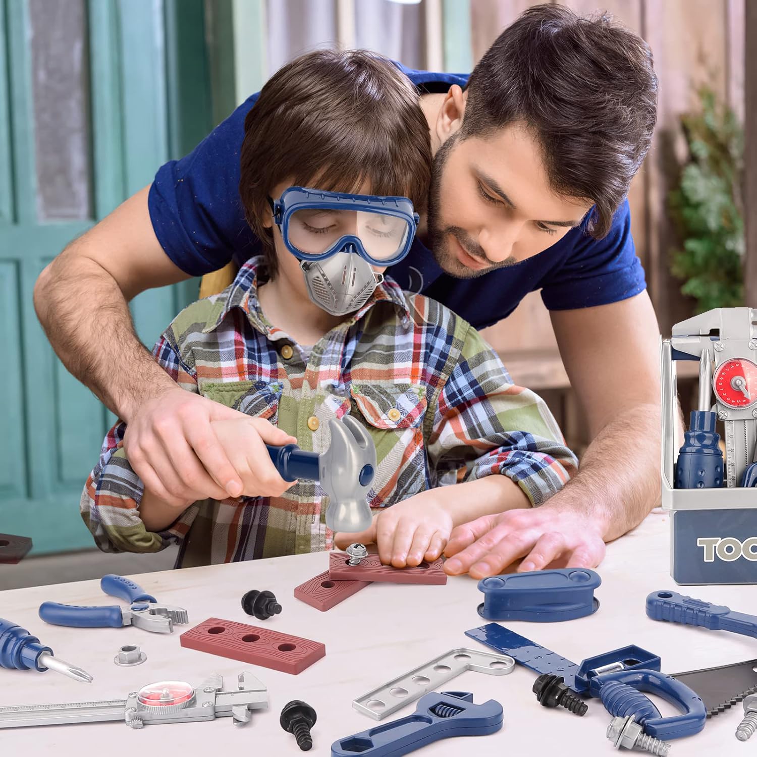 ⚒️ Bau & Montage – Vanplay Spielzeug ab 3 Jahren, Kinder-Werkzeugkasten mit Werkzeugkasten, Maßband, Montageauto, Bohrer, Werkzeuggürtel, STEM-Spielzeug für Kinder 3-7 Jungen Mädchen (87 Teile) – Bild 6