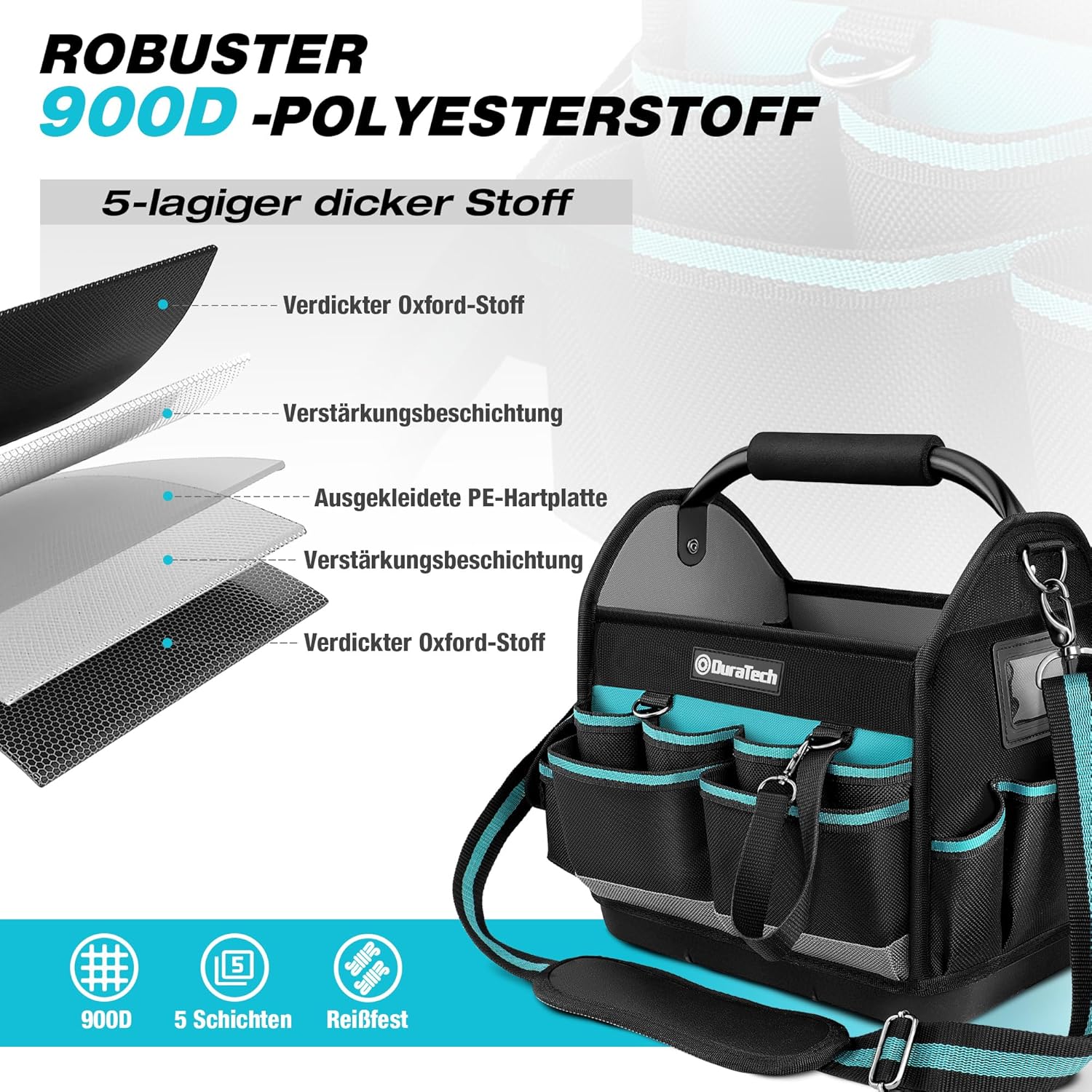 ⚡ Elektro & Technik – DURATECH Profi-Werkzeugtasche Elektriker, robuste Werkzeugtasche 30,5 cm mit wasserdichtem Boden und großer Öffnung, aus 900D-Polyester, großes Fassungsvermögen, mit Stahlrohr und verstellbarem Schultergurt – Bild 5