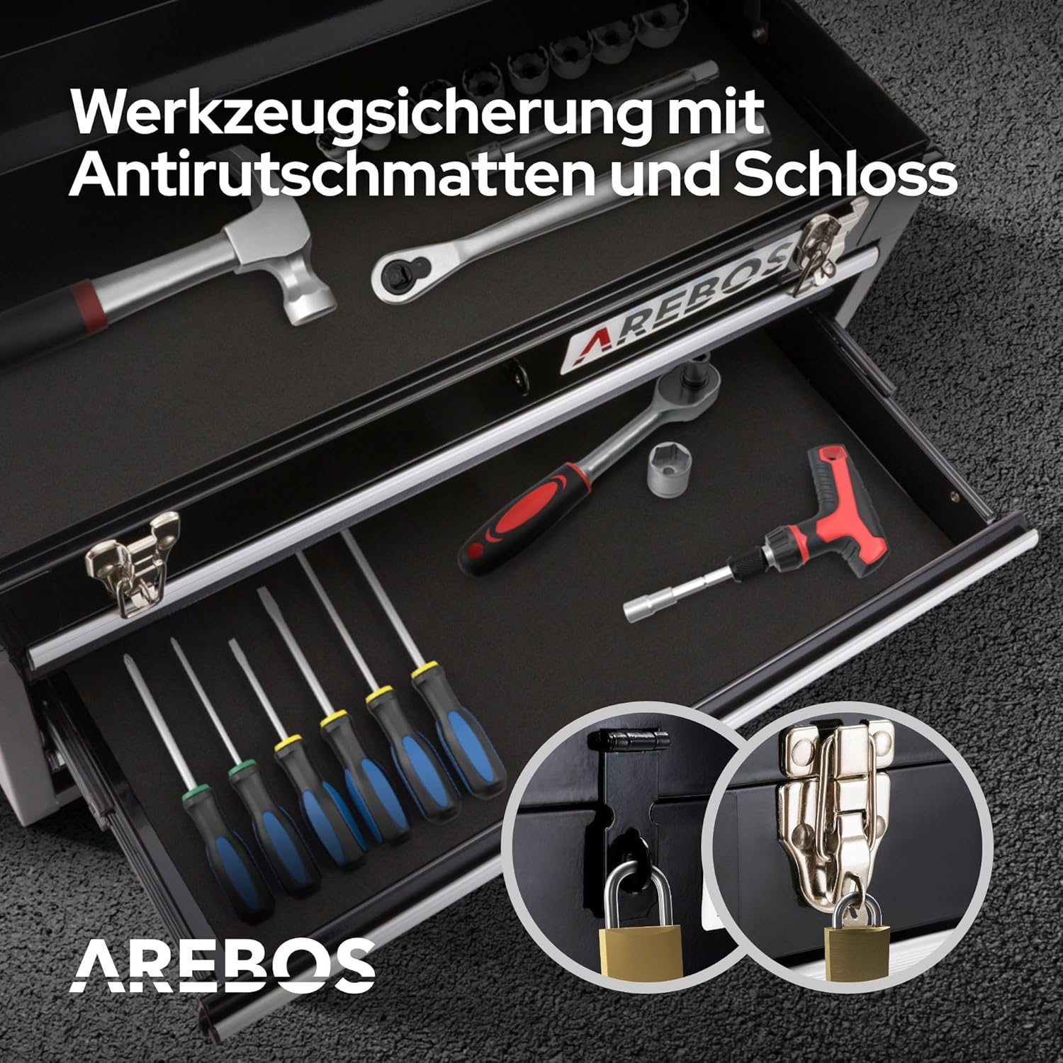 ⚒️ Bau & Montage – Arebos Werkzeugkasten mit 3 Schubladen und 2 Ablagefächern 52 x 22 x 30,5 cm | Abschließbarer Werkzeugkasten | Werkzeugkasten mit Tragegriff und Druckknöpfen | Rutschfeste Matten | Schwarz – Bild 5