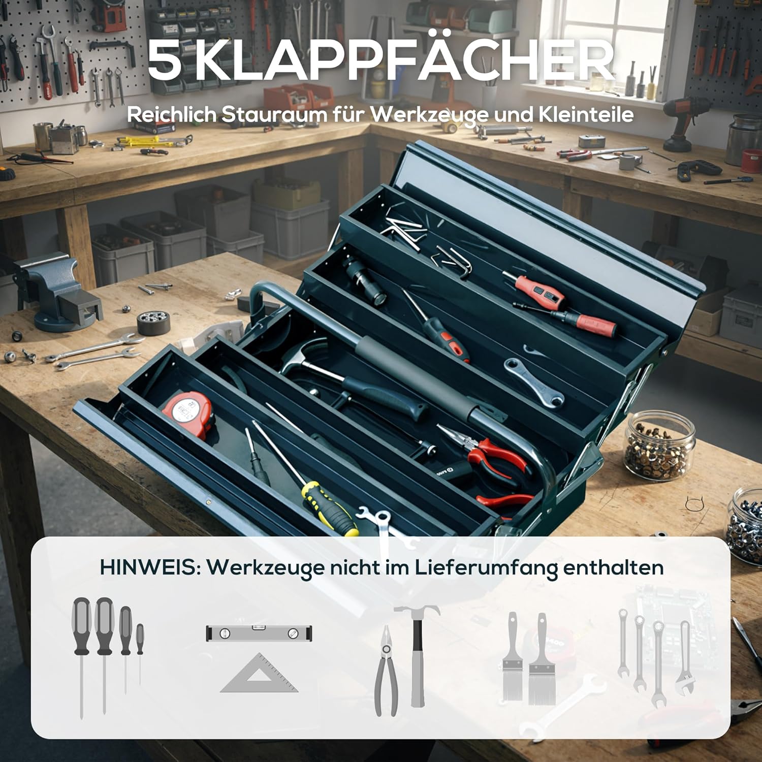 ⚒️ Bau & Montage – DURHAND Werkzeugkoffer, Montagekoffer, Werkzeugkasten, leer, platzsparend, mit 5 Fächern, aufklappbar, aus stabilem Stahl (SPCC), dunkelgrün, 45 x 20 x 34,5 cm – Bild 4