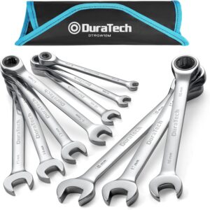 🚗 KFZ & Werkstatt – DURATECH Ratchet Wrench Set, 10 Pieces, 6-18 mm, Open-End Spanner Ring Set, with 72 Teeth, 5° Swivel Range, Chrome Vanadium Steel, Includes Roll Bag