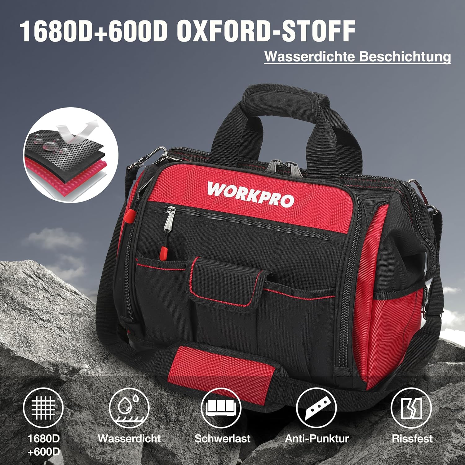 ⚡ Elektro & Technik – WORKPRO Elektriker-Werkzeugtasche, robustes 1680D-Polyester, mit breiter Reißverschlussöffnung, Tragegriff und verstellbarem Schultergurt, 42 x 25 x 34 cm – Bild 3