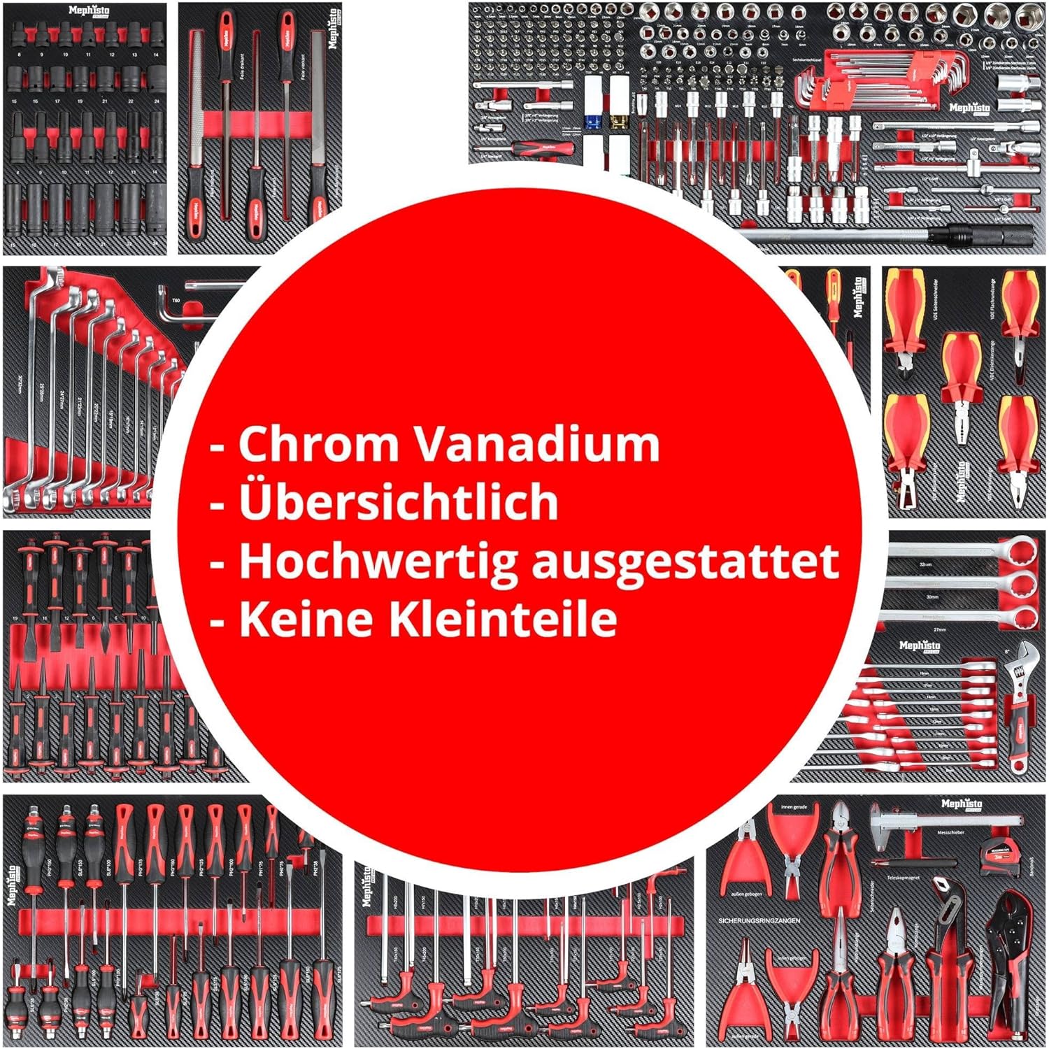 ⚒️ Bau & Montage – Mephisto Pro-Line BIG Werkzeugwagen, Werkstattwagen, gefüllt mit 12 Schubladen, davon 11 inklusive Werkzeug wie VDE-Schraubendreher, Ratsche mit Nussbox, Schraubendrehersatz in Soft-Einlagen im Carbon-Lock – Bild 7