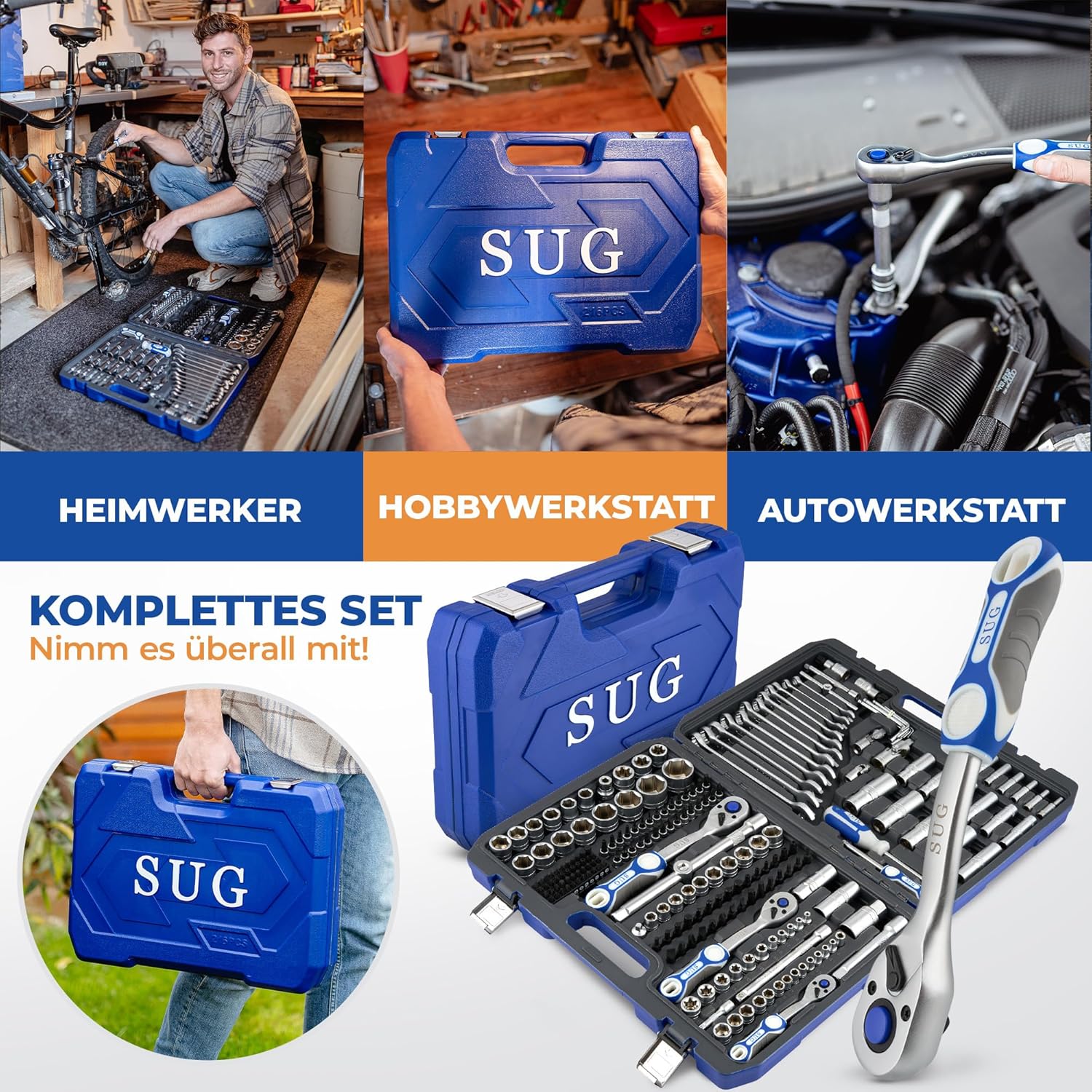🚗 KFZ & Werkstatt – SUG - Tool Box Filled 216 Pieces - Professional Socket Set 1/2, 1/4, 3/8 Fully Equipped - Tool Box / Ratchet Box for Household and Workshop - Socket Set Nut Box Short and Long – Bild 4