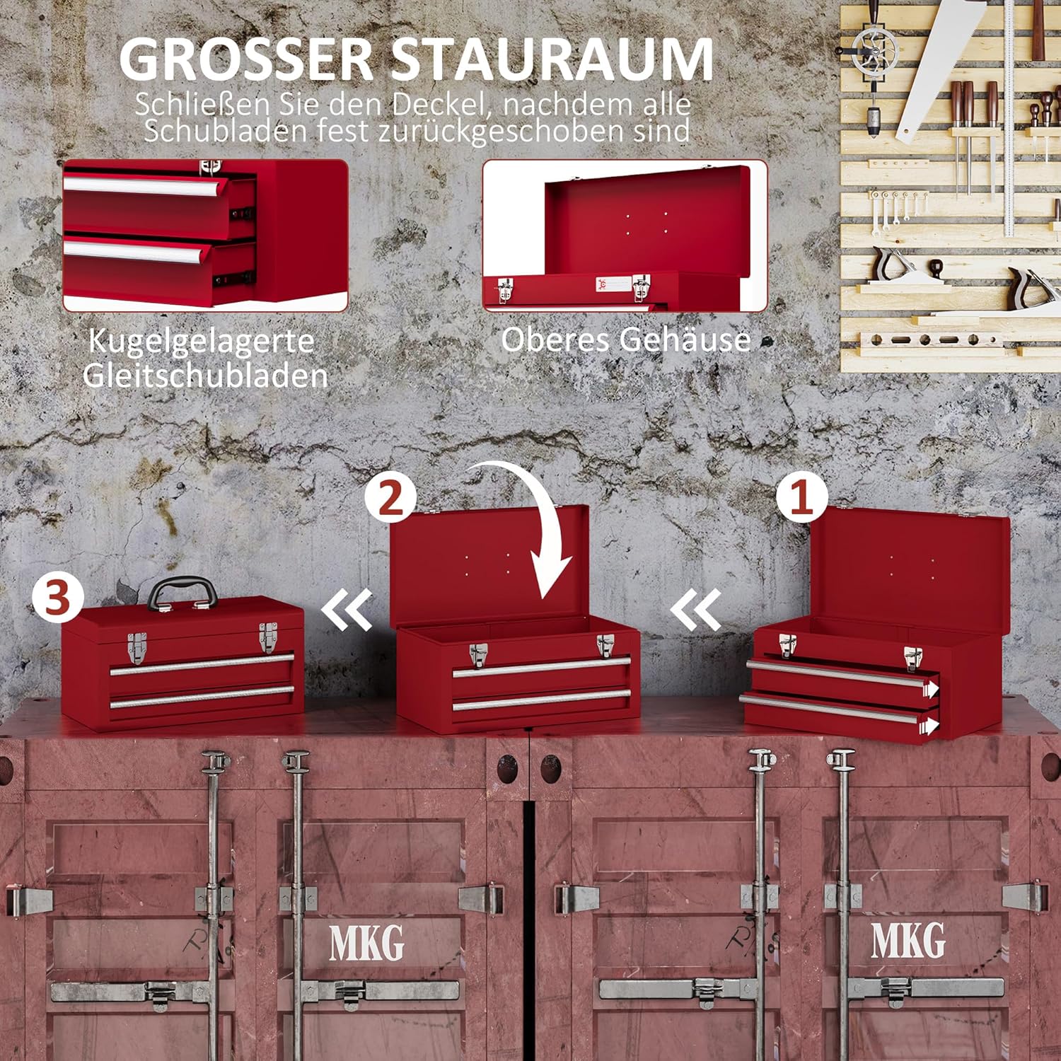 ⚒️ Bau & Montage – DURHAND Leerer Werkzeugkasten, robuster Werkzeugkasten mit 2 Schubladen, Fach, Metallverschlüssen, Tragegriff, Werkzeugkasten für Werkzeug, Haushalt, Werkstatt, Rot – Bild 4