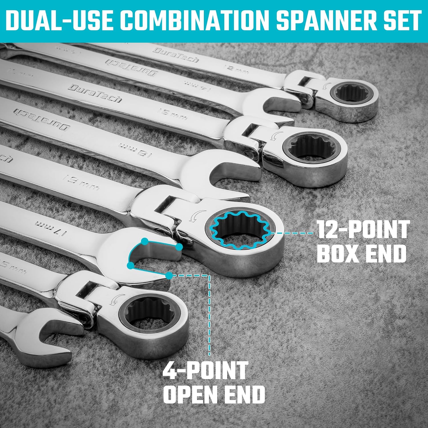 🚗 KFZ & Werkstatt – DURATECH 12-Piece Joint Ratchet Wrench Set, Open-End Spanner Combination Spanner Set with 72 Teeth, Metric, 8-19 mm, Cr-V Steel, Organised in Storage Case – Bild 5