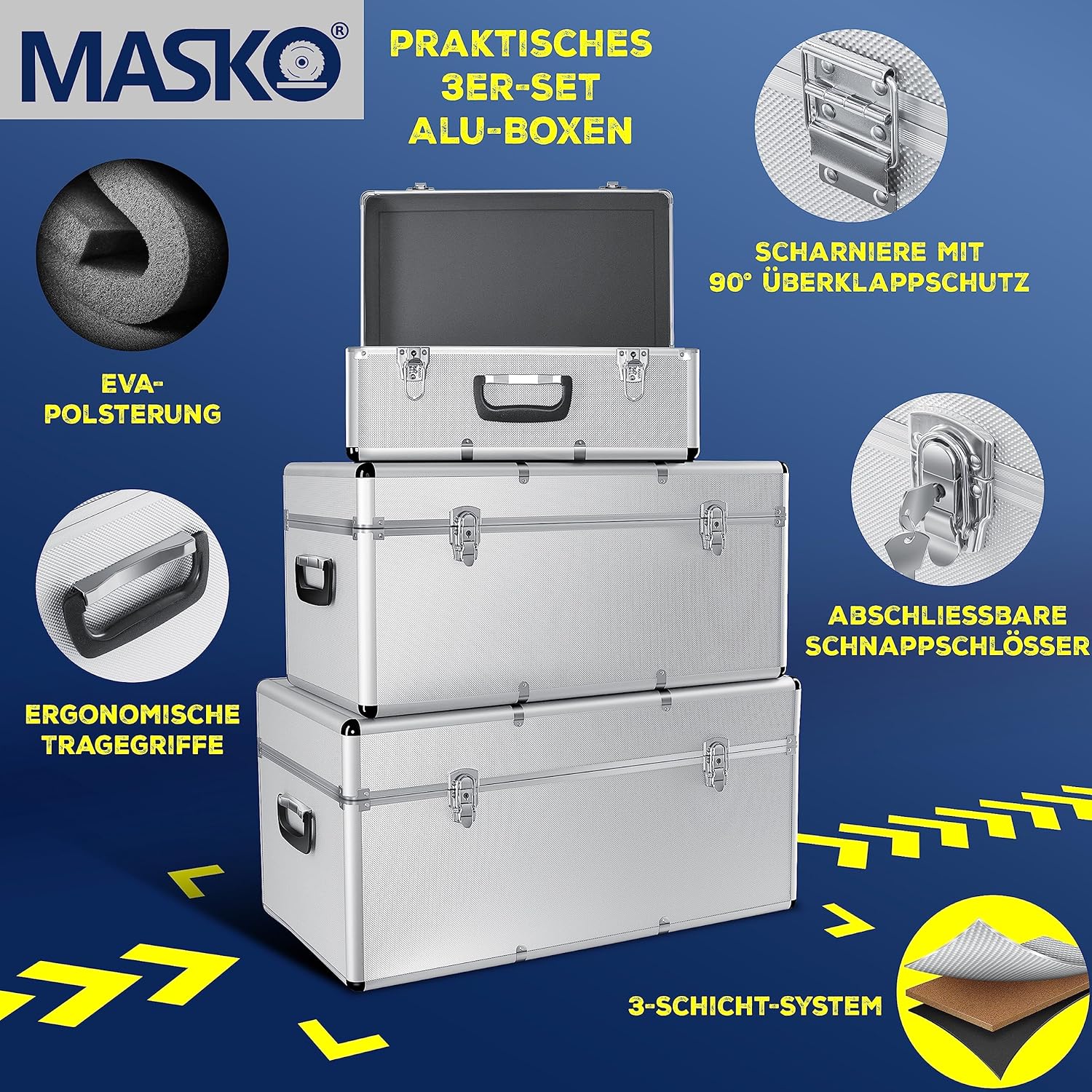 ⚡ Elektro & Technik – Masko® 3er-Set Aluminium-Transport-Aufbewahrungsboxen, Werkzeugkiste – Bild 2