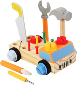 ⚒️ Bau & Montage – Montessori-Holzspielzeug-Werkzeugkasten für Jahre und älter, Lernspielzeug mit Schrauben und Schraubendreher, fördert die DIY-Automontage, Mädchen und Jungen für motorische Fähigkeiten