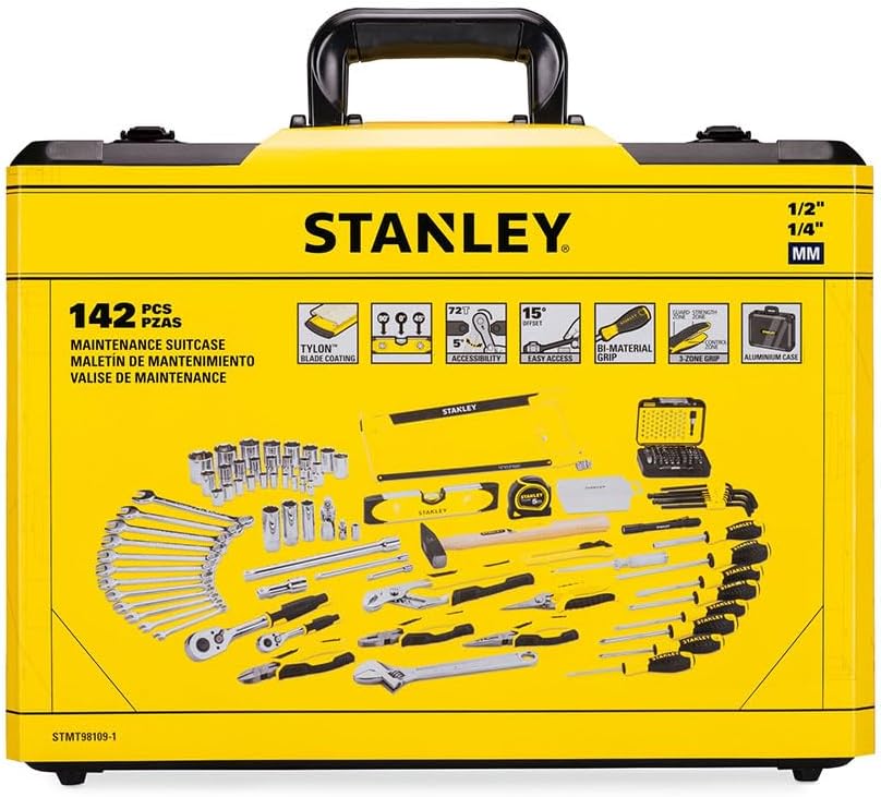 ⚒️ Bau & Montage – STANLEY STMT98109-1 142-teiliges Werkzeugset inklusive Wasserpumpenzange, Seitenschneider, Messer, Schraubenschlüssel, Wasserwaage, Bügelsäge, Taschenlampe und mehr im Aluminium-Wartungskoffer – Bild 7