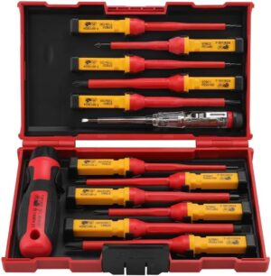 ⚡ Elektro & Technik – Hoteche VDE-Schraubendreher-Set, 13-teilig – isolierte Schraubendreher für Elektriker – SL, PH, PZ, T – 1 Stück VDE-Elektrotester – rot/schwarze Kunststoffbox