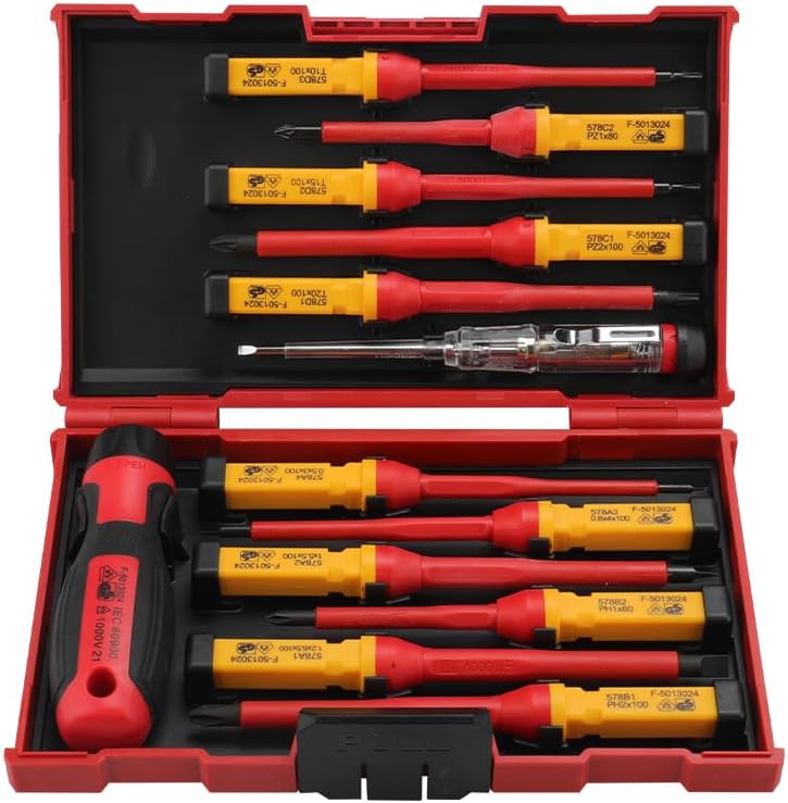 ⚡ Elektro & Technik – Hoteche VDE-Schraubendreher-Set, 13-teilig – isolierte Schraubendreher für Elektriker – SL, PH, PZ, T – 1 Stück VDE-Elektrotester – rot/schwarze Kunststoffbox