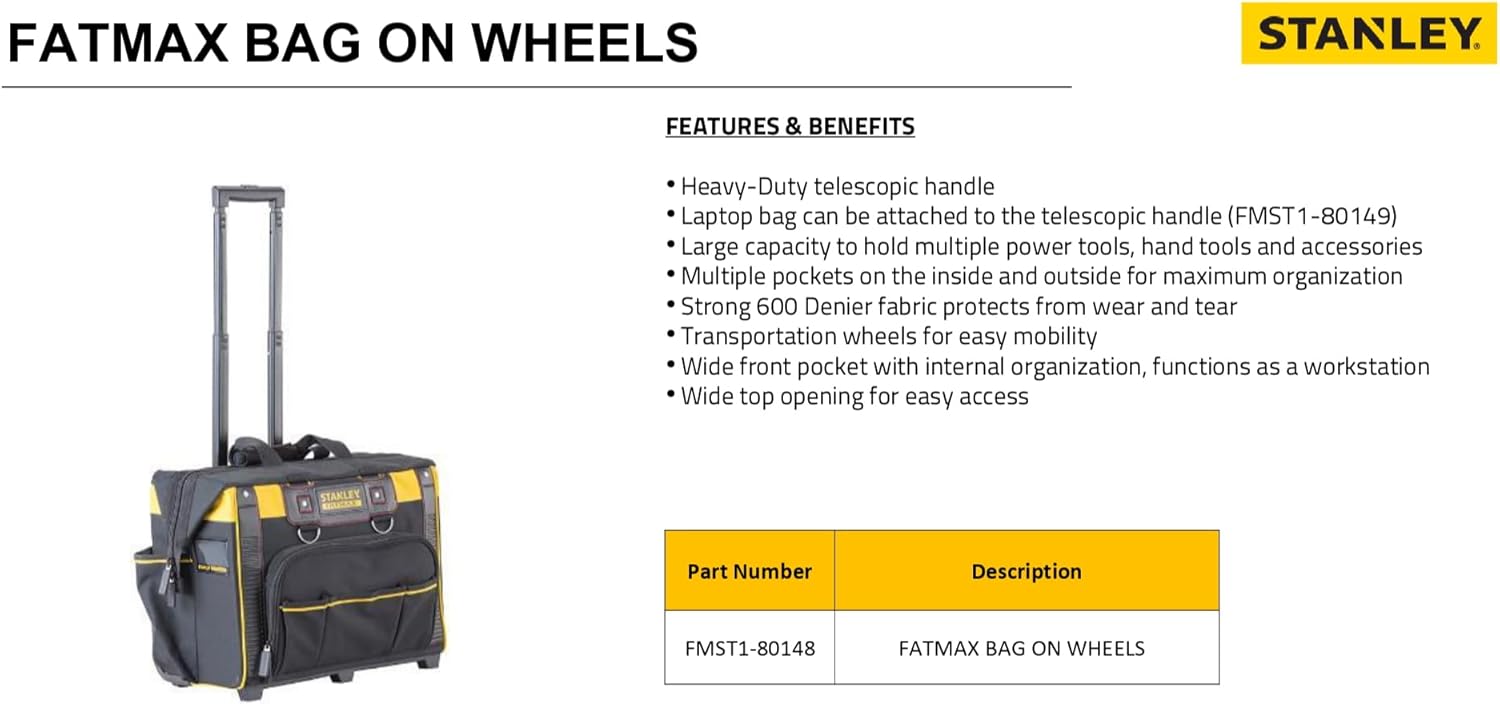 ⚡ Elektro & Technik – Stanley FatMax Werkzeugkasten (mit leichtgängigen Rollen, robust, große Öffnung, Teleskopgriff, Maße: 50 x 36 x 41 cm), FMST1-80148 – Bild 6