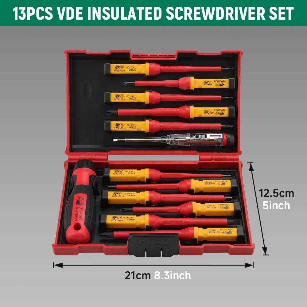 ⚡ Elektro & Technik – Hoteche VDE-Schraubendreher-Set, 13-teilig – isolierte Schraubendreher für Elektriker – SL, PH, PZ, T – 1 Stück VDE-Elektrotester – rot/schwarze Kunststoffbox – Bild 3