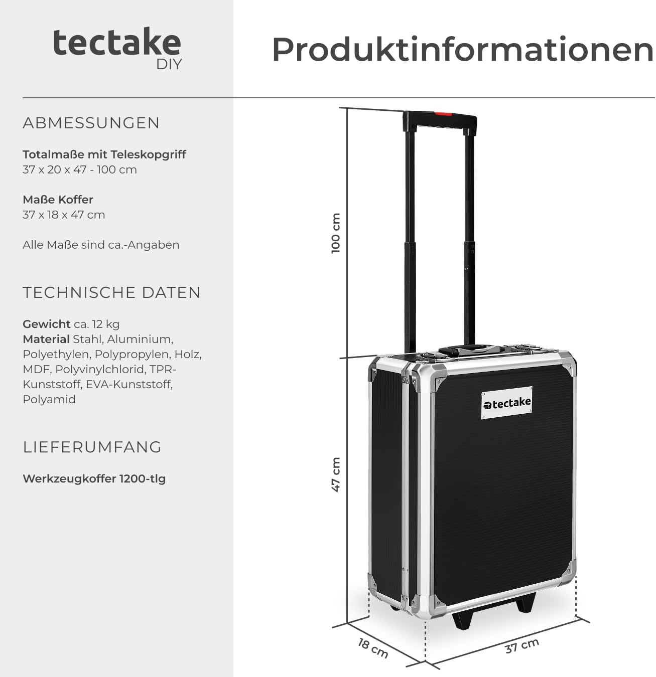 🚗 KFZ & Werkstatt – tectake Tool Box, Tool Set, Tool Box Filled 1200 Pieces, Tool Trolley, Tool Box with 4 Levels, Aluminium Case with Wheels and Telescopic Handle - Black – Bild 6