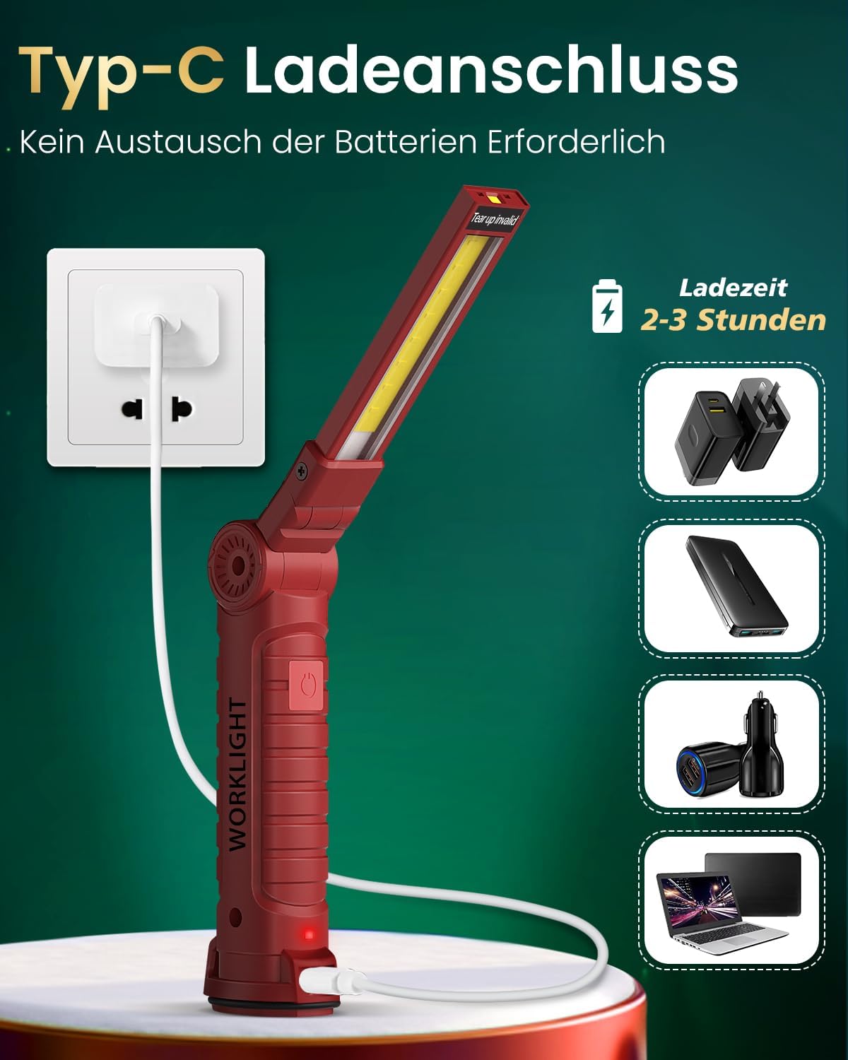 🔥 Angebote & Aktionen – Coquimbo Workshop LED Lamp, Work Torch, Rechargeable Inspection Light, Gifts for Men, Dad, with Magnet and Hook, Gatgets, Anniversary Gifts, Red – Bild 8