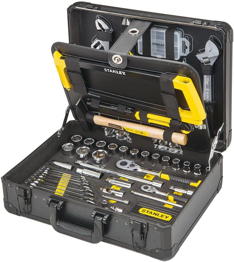 ⚒️ Bau & Montage – STANLEY STMT98109-1 142-teiliges Werkzeugset inklusive Wasserpumpenzange, Seitenschneider, Messer, Schraubenschlüssel, Wasserwaage, Bügelsäge, Taschenlampe und mehr im Aluminium-Wartungskoffer – Bild 2