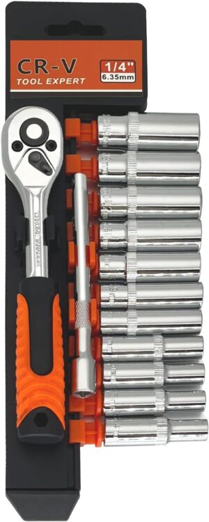 🚗 KFZ & Werkstatt – 1/4 Inch Professional Ratchet Set, Socket Spanner Set 1/4, Small Ratchet with 24 Teeth Precision Mechanics & Cr-V Bits, Complete Set with Quick Release, Extension, Organiser, Ratchet Wrench