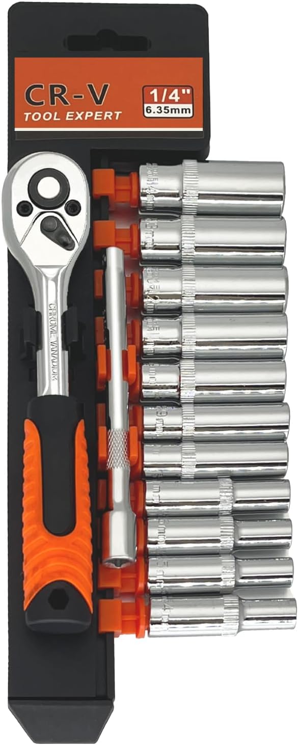 🚗 KFZ & Werkstatt – 1/4 Inch Professional Ratchet Set, Socket Spanner Set 1/4, Small Ratchet with 24 Teeth Precision Mechanics & Cr-V Bits, Complete Set with Quick Release, Extension, Organiser, Ratchet Wrench