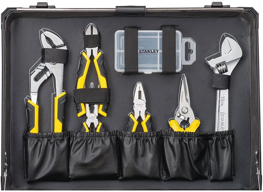 ⚒️ Bau & Montage – STANLEY STMT98109-1 142-teiliges Werkzeugset inklusive Wasserpumpenzange, Seitenschneider, Messer, Schraubenschlüssel, Wasserwaage, Bügelsäge, Taschenlampe und mehr im Aluminium-Wartungskoffer – Bild 5