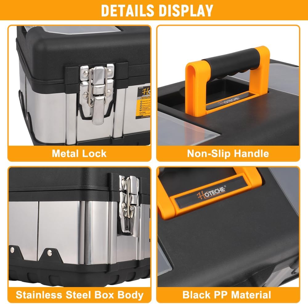 🔥 Angebote & Aktionen – HOTECHE Empty Tool Box, Stainless Steel Tool Box with Transparent PP Covers, Size: 41 x 21.5 x 18.5 cm, Black PP and Natural Stainless Steel, Tool Box, Tool Box, Galvanised Clasps – Bild 3