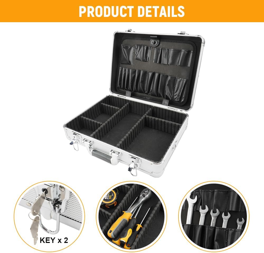 🔥 Angebote & Aktionen – Hoteche Aluminium Tool Box 42.5 x 30.5 x 12.5 cm with 2 Long and 3 Short Dividers, Tool Board and Shoulder Strap - Professional Aluminium Case – Bild 3