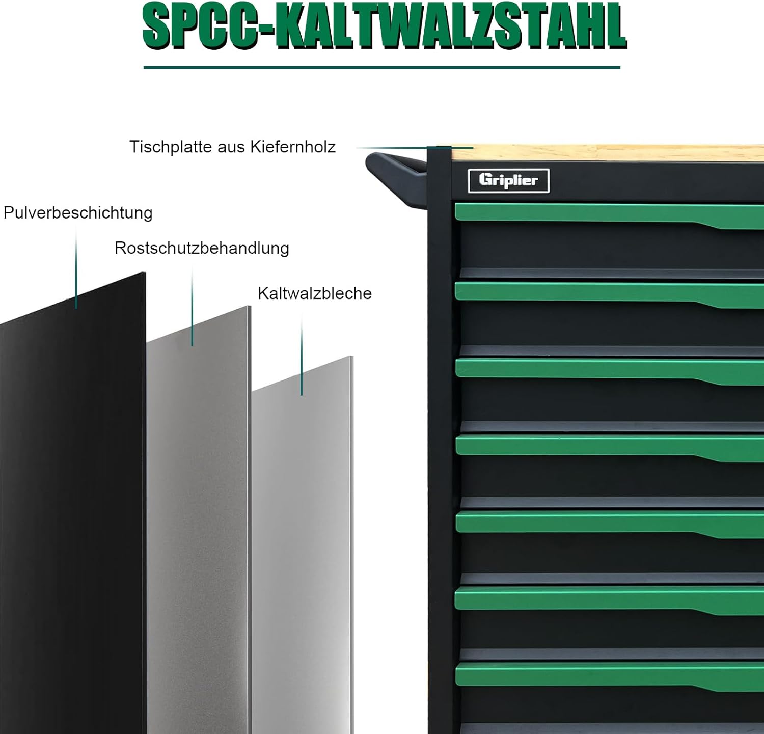 ⚒️ Bau & Montage – Werkstattwagen, 7 Schubladen, Bremsrad, schwarz/grün, robust, rollbar, mit Holzarbeitsplatte, 79,5 x 48 x 82 cm, Tragkraft 300 kg (7 Schubladen) – Bild 6