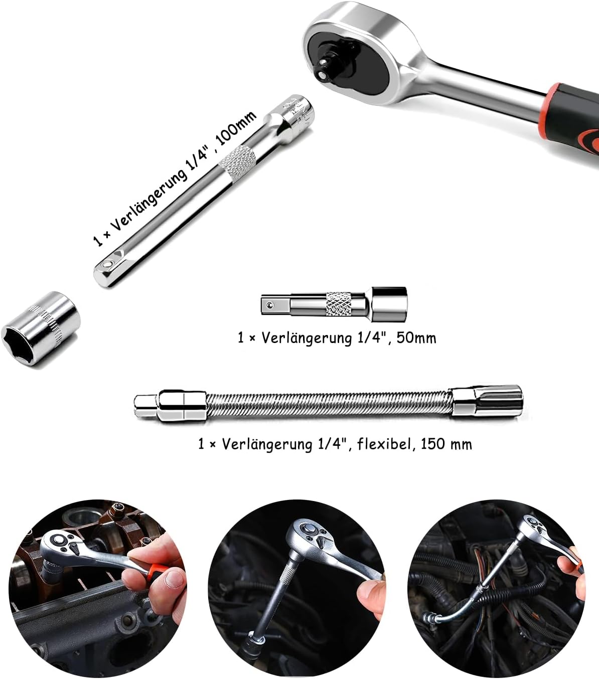 🚗 KFZ & Werkstatt – Set of 46 Ratchet Box Ratchet Box Small Chrome-Plated Tool Box Ratchet and Socket Spanner Set Suitable for Working on Bicycles and Cars Size 1/4 Inch – Bild 3