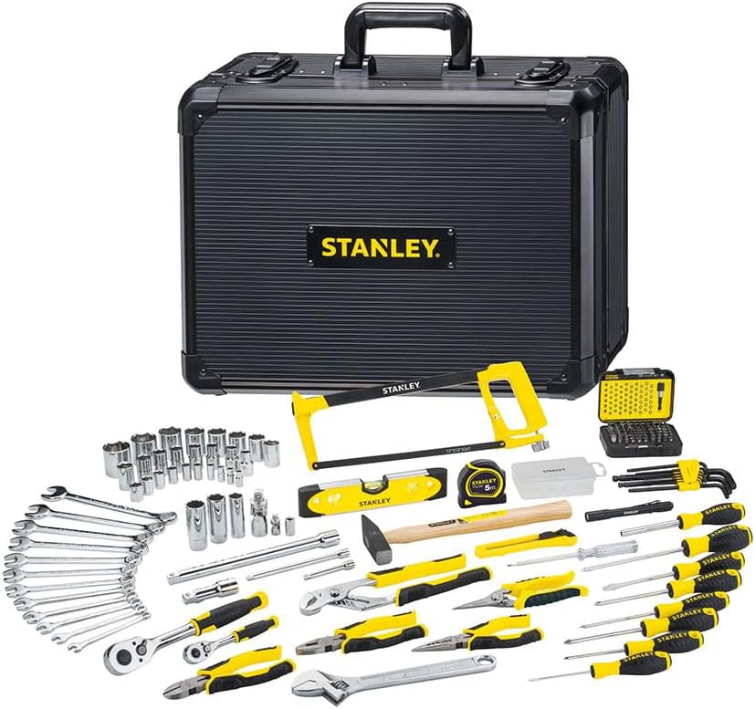 ⚒️ Bau & Montage – STANLEY STMT98109-1 142-teiliges Werkzeugset inklusive Wasserpumpenzange, Seitenschneider, Messer, Schraubenschlüssel, Wasserwaage, Bügelsäge, Taschenlampe und mehr im Aluminium-Wartungskoffer