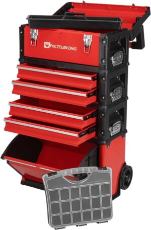 🔥 Angebote & Aktionen – Tool Trolley 4 Parts Sheet Steel Red Powder Coated - 1 Tool Box, 4 Narrow Drawers, 1 Large Folding Compartment - Free Small Parts Case