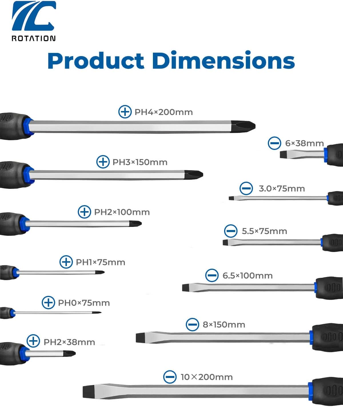 🚗 KFZ & Werkstatt – ROTATION Magnetic Screwdriver Set, 12 Pieces, 6 Phillips and 6 Slotted Tips, Screwdriver with Continuous Steel Blades, High Torque – Bild 6