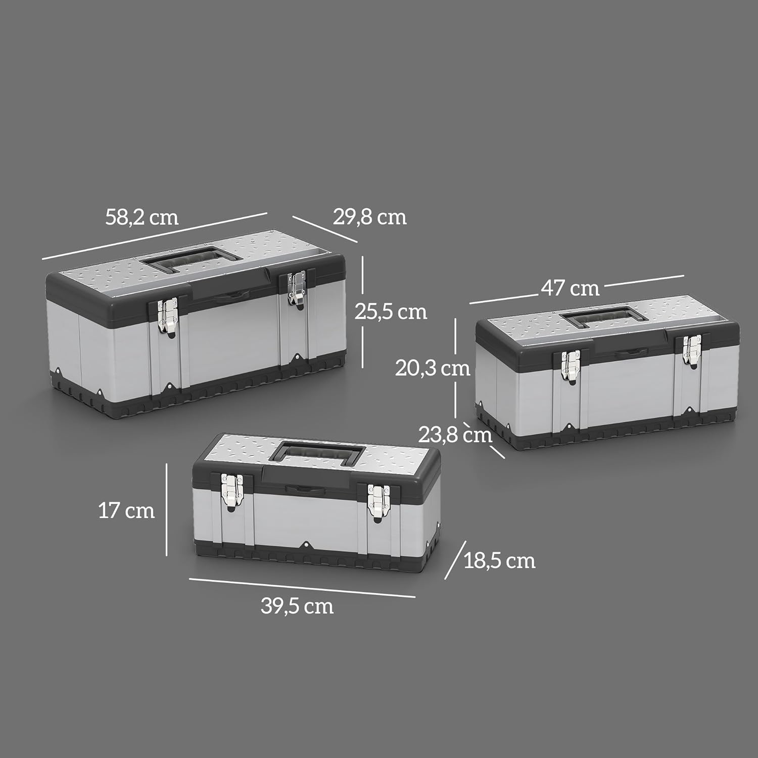 🔥 Angebote & Aktionen – HOMCOM Tool Box Set of 3 Empty Tool Box Tool Box with Removable Tray, Handles, Clasps, Tool Box Made of Stainless Steel, Black and Silver – Bild 7