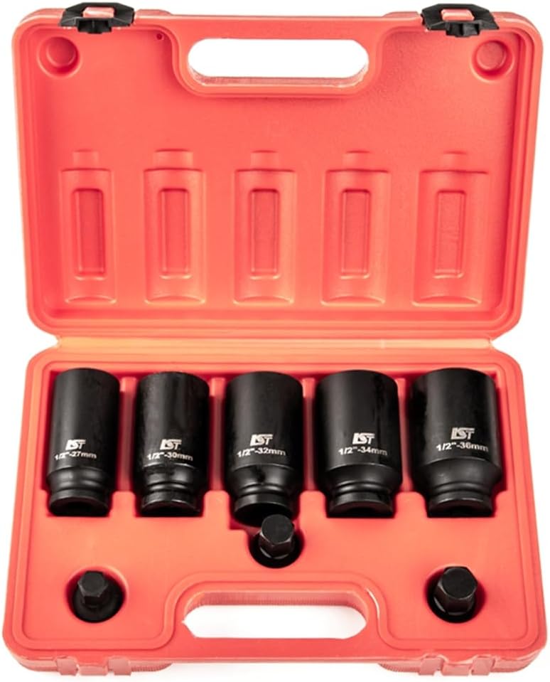 🚗 KFZ & Werkstatt – LST 8-Piece Multi-Tooth Impact Wrench Socket Set 1/2 Inch - Contains 5 Multi-Tooth Sockets (27, 30, 32, 34, 36 mm) and 3 Hex Bit Inserts (H14, H17, H19)