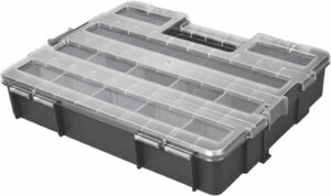 ⚒️ Bau & Montage – Werkzeugkasten-Organisation, abschließbar, schwarz, Kleinteile-Organisation für Befestigungen, Bastelarbeiten mit abnehmbarer Trennwand, Zubehör, leichter Werkzeugkasten