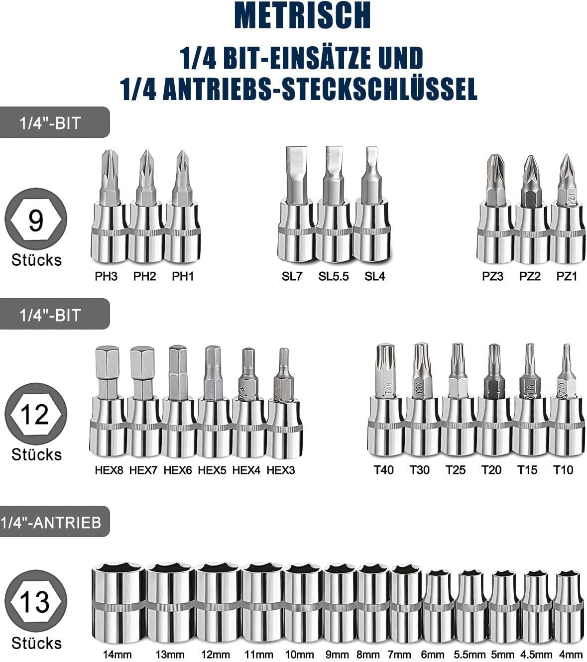 🚗 KFZ & Werkstatt – Set of 46 Ratchet Box Ratchet Box Small Chrome-Plated Tool Box Ratchet and Socket Spanner Set Suitable for Working on Bicycles and Cars Size 1/4 Inch – Bild 4