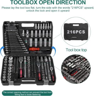 🚗 KFZ & Werkstatt – 216-Piece Ratchet Case Tool Box 1/4 Inch, 3/8 Inch, 1/2 Inch Socket Spanner Set Vanadium Tool and Bit Set Including Bit Attachment Adaptor for Cordless Screwdrivers Tool Set