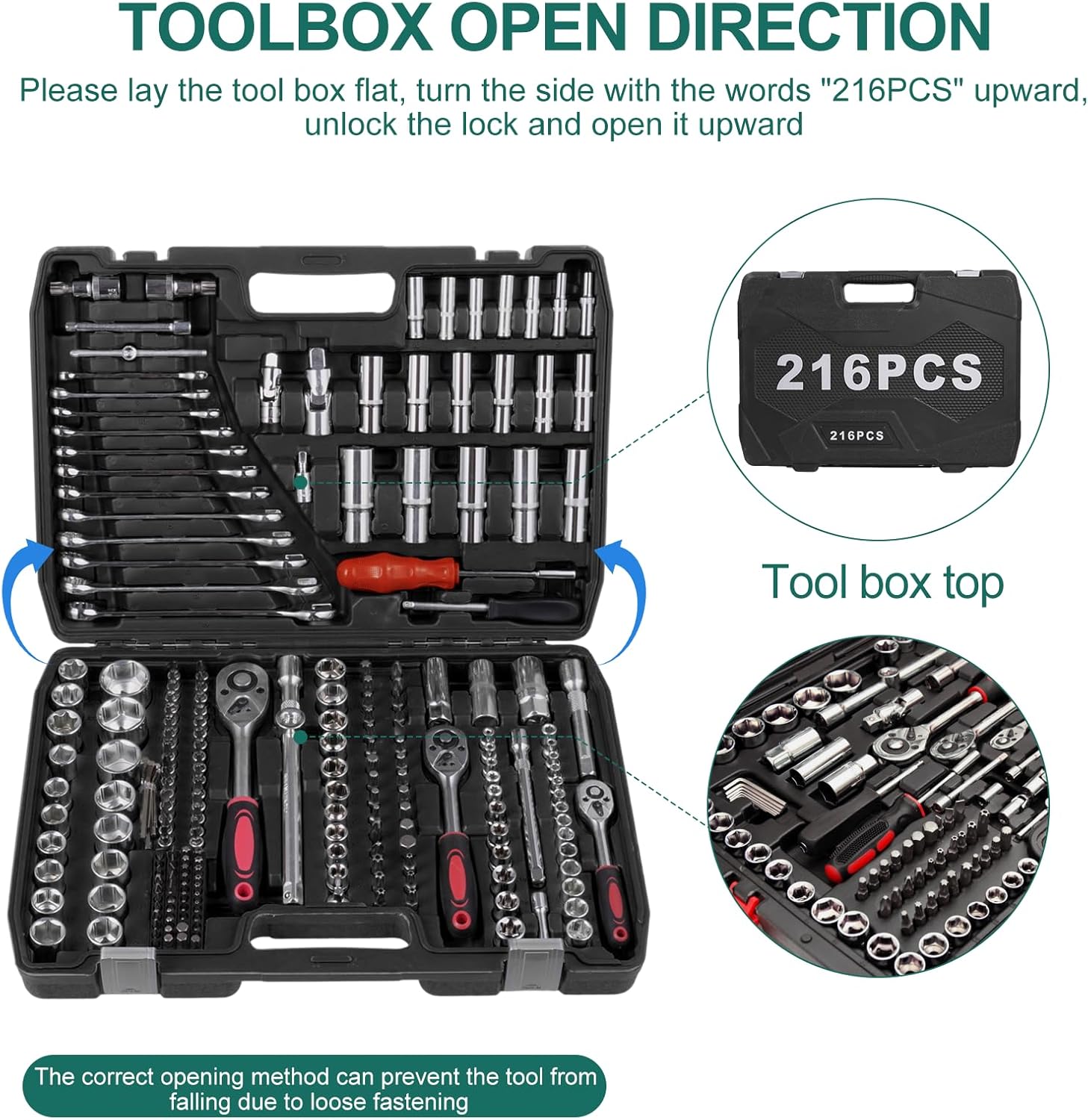 🚗 KFZ & Werkstatt – 216-Piece Ratchet Case Tool Box 1/4 Inch, 3/8 Inch, 1/2 Inch Socket Spanner Set Vanadium Tool and Bit Set Including Bit Attachment Adaptor for Cordless Screwdrivers Tool Set